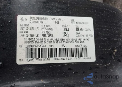 2007 Dodge Durango Slt из США, поврежденный, VIN 1D8HD48PX7F508243